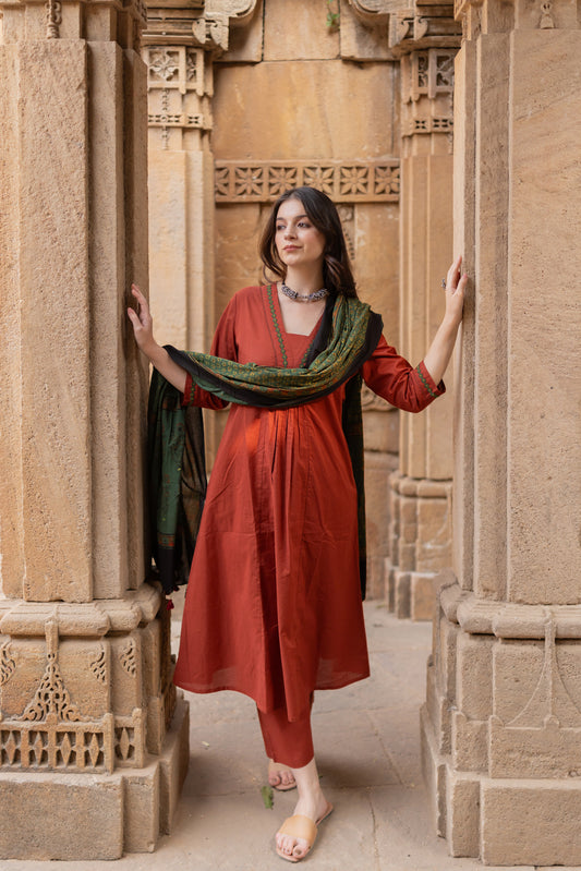 Sindhur Earth Kurta Set with Ajrakh Dupatta