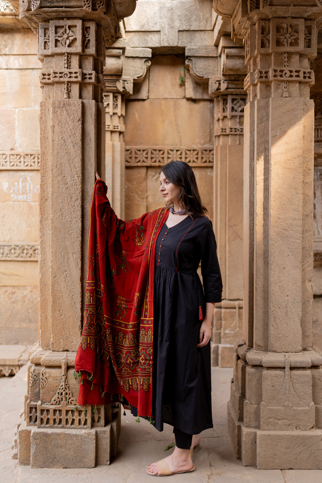 Rann Black Kurta Set with Ajrakh Dupatta