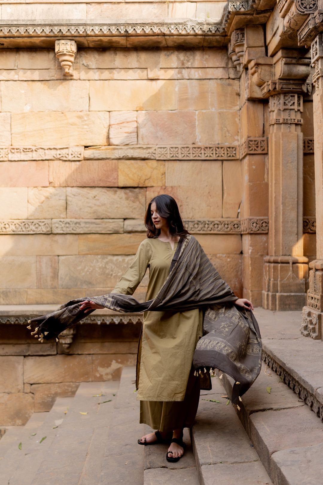 Banni Clay Kurta Set with Ajrakh Dupatta