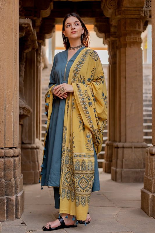 Teal Dune Kalidaar Set with Mustard Ajrakh Dupatta
