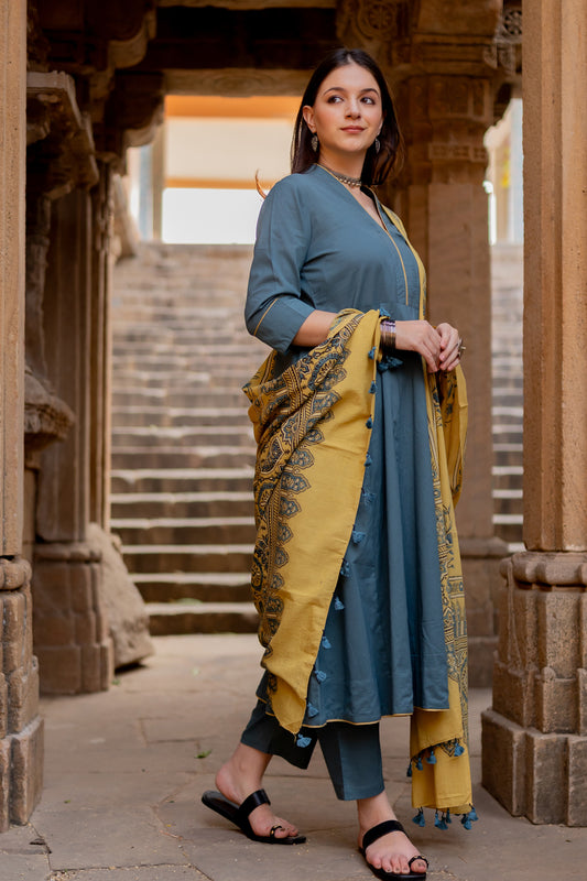 Teal Dune Kalidaar Set with Mustard Ajrakh Dupatta