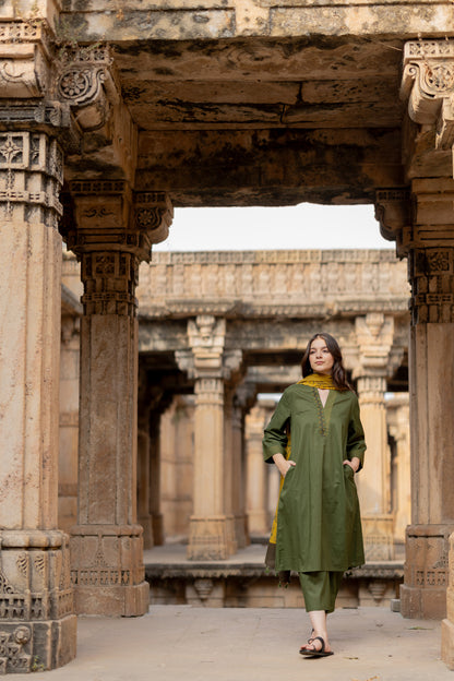 Kutch Green Kurta Set with Mustard Ajrakh Dupatta