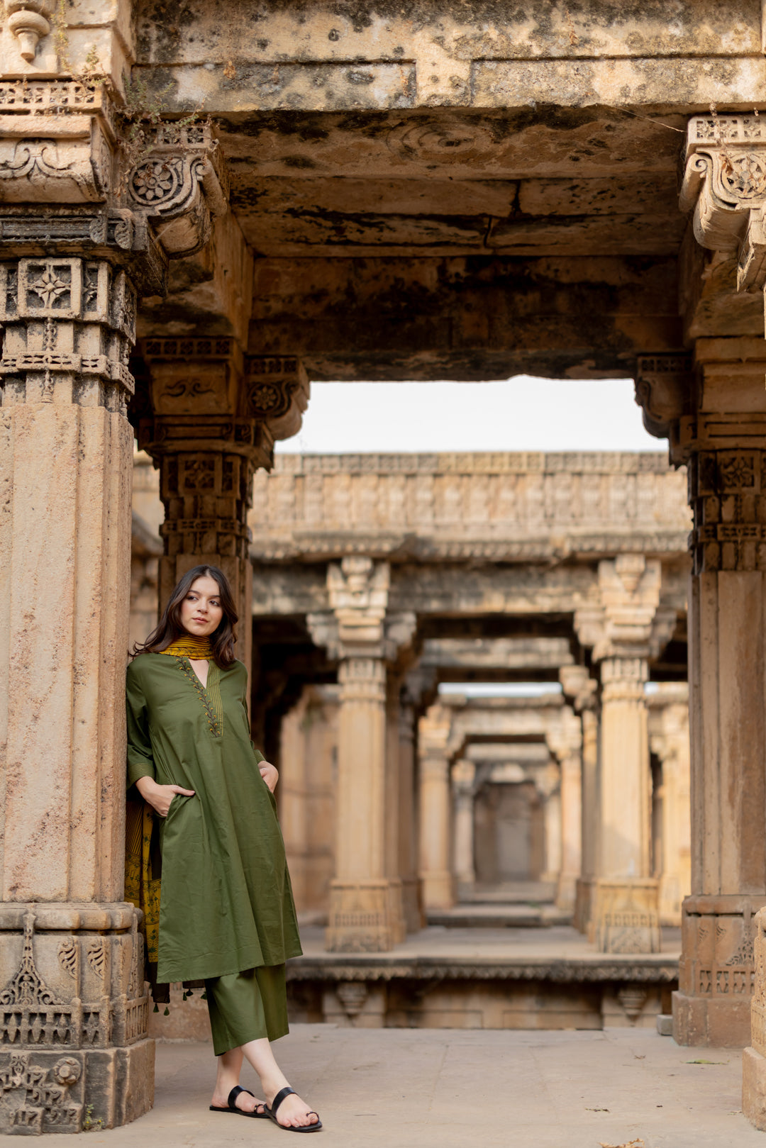 Kutch Green Kurta Set with Mustard Ajrakh Dupatta