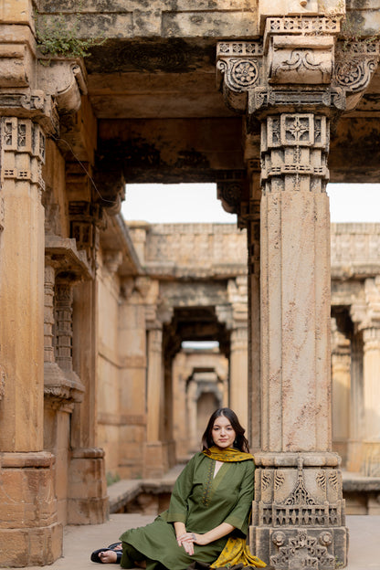 Kutch Green Kurta Set with Mustard Ajrakh Dupatta