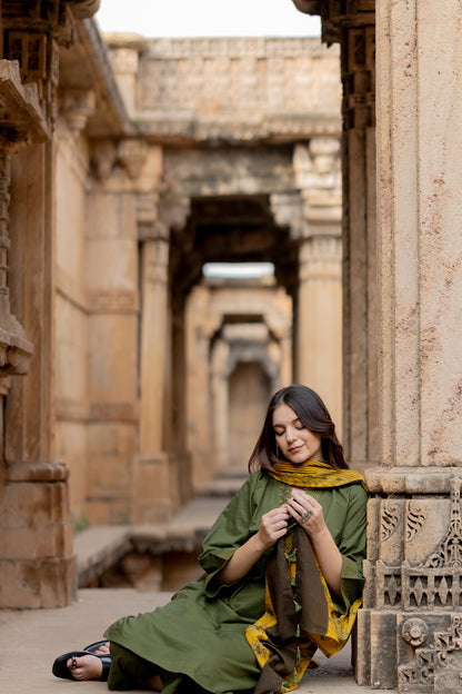 Kutch Green Kurta Set with Mustard Ajrakh Dupatta