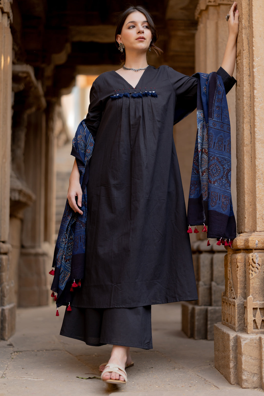 Black Earth Kurta Set with Indigo Ajrakh Dupatta