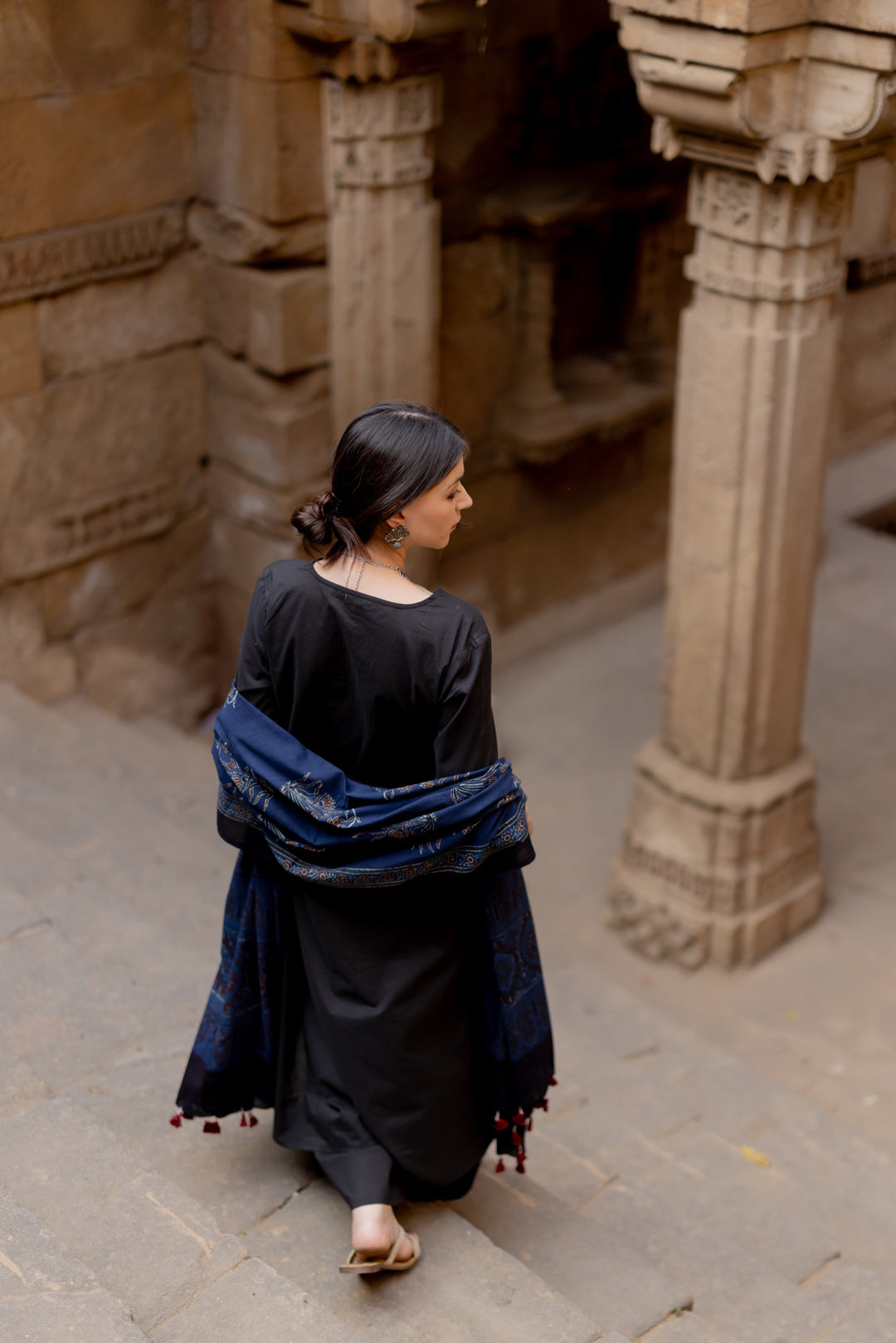 Black Earth Kurta Set with Indigo Ajrakh Dupatta