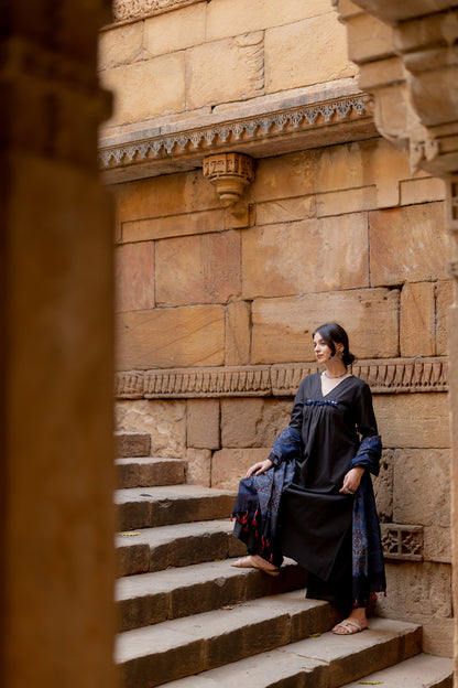 Black Earth Kurta Set with Indigo Ajrakh Dupatta