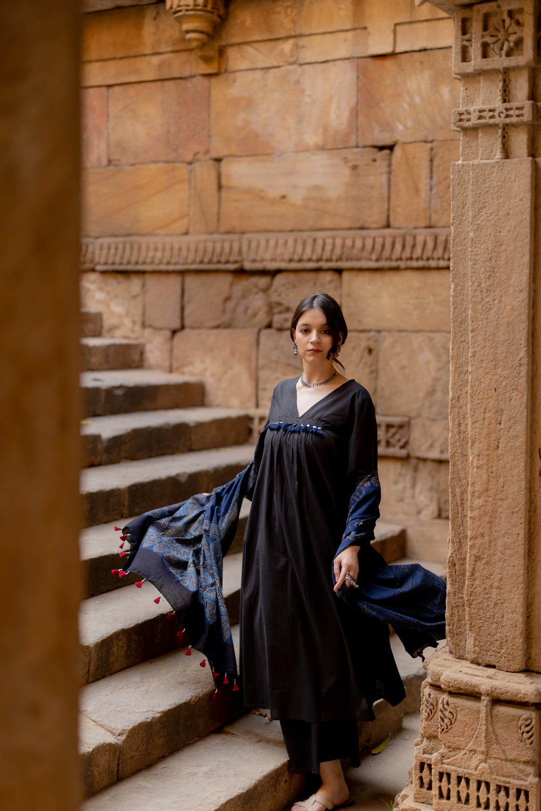 Black Earth Kurta Set with Indigo Ajrakh Dupatta