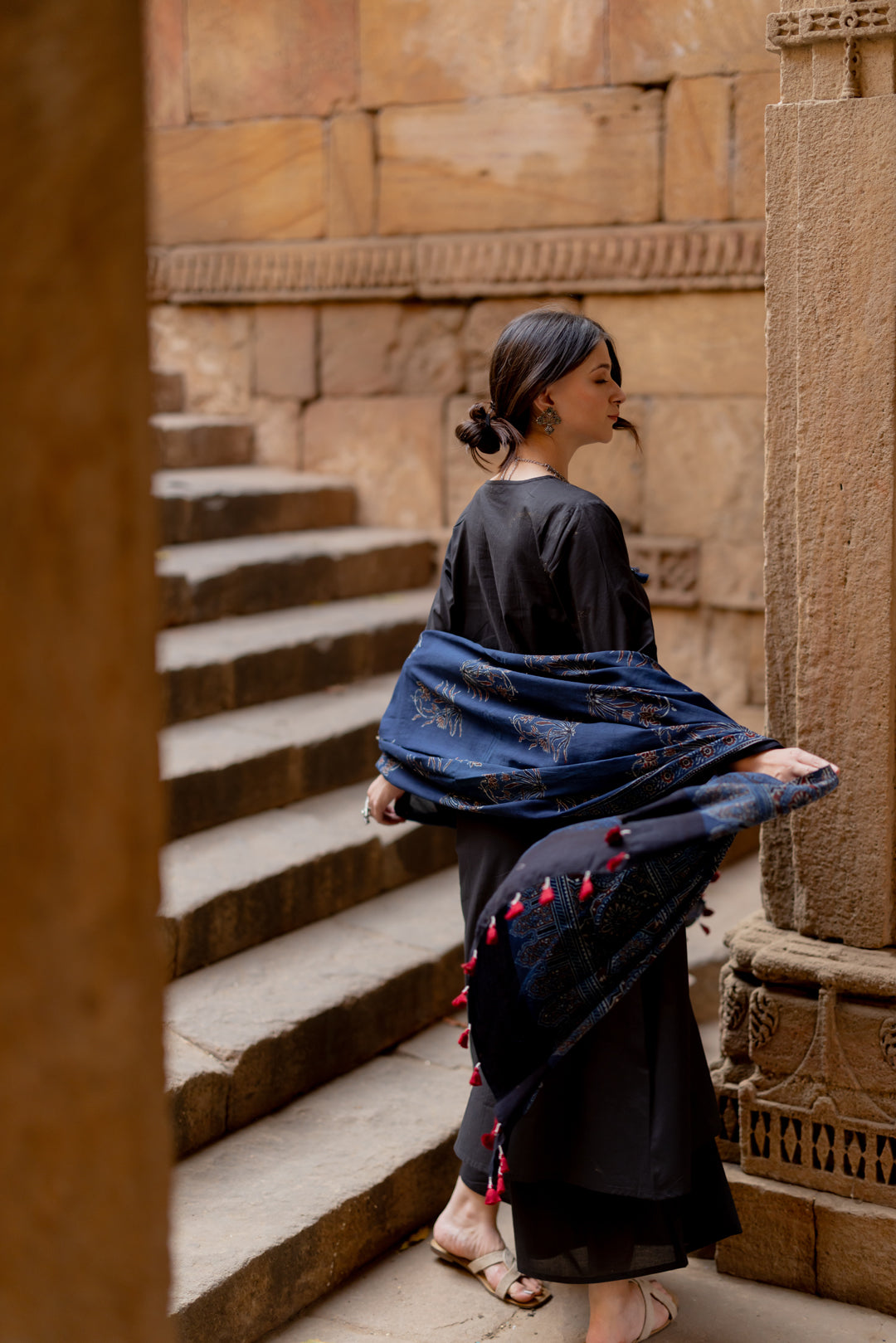 Black Earth Kurta Set with Indigo Ajrakh Dupatta
