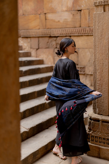 Black Earth Kurta Set with Indigo Ajrakh Dupatta