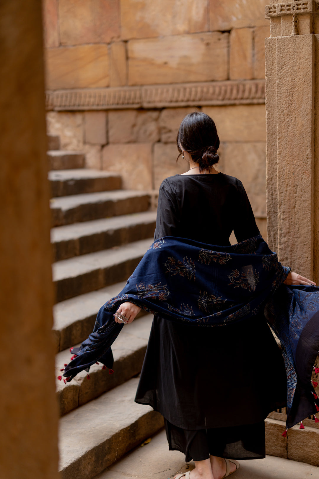 Black Earth Kurta Set with Indigo Ajrakh Dupatta