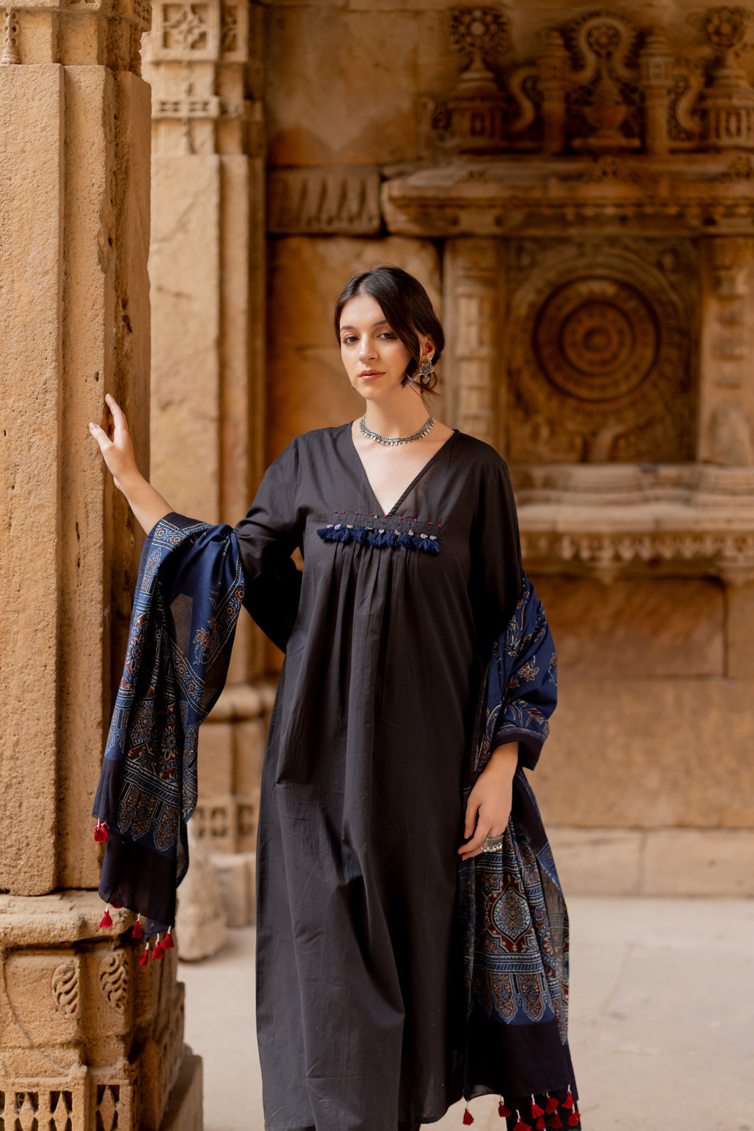 Black Earth Kurta Set with Indigo Ajrakh Dupatta