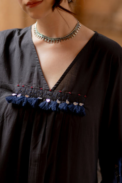 Black Earth Kurta Set with Indigo Ajrakh Dupatta