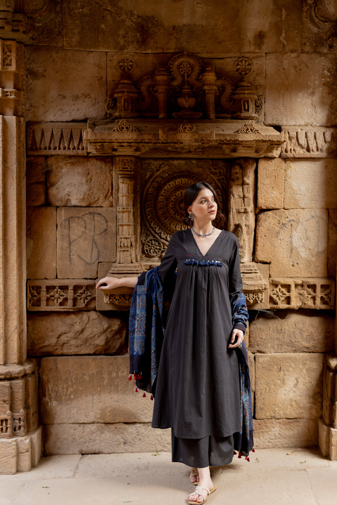 Black Earth Kurta Set with Indigo Ajrakh Dupatta