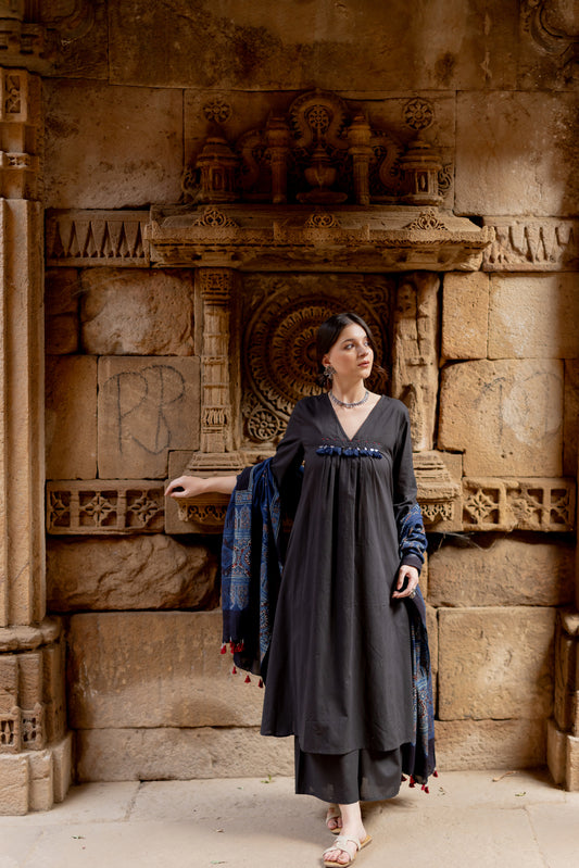 Black Earth Kurta Set with Indigo Ajrakh Dupatta