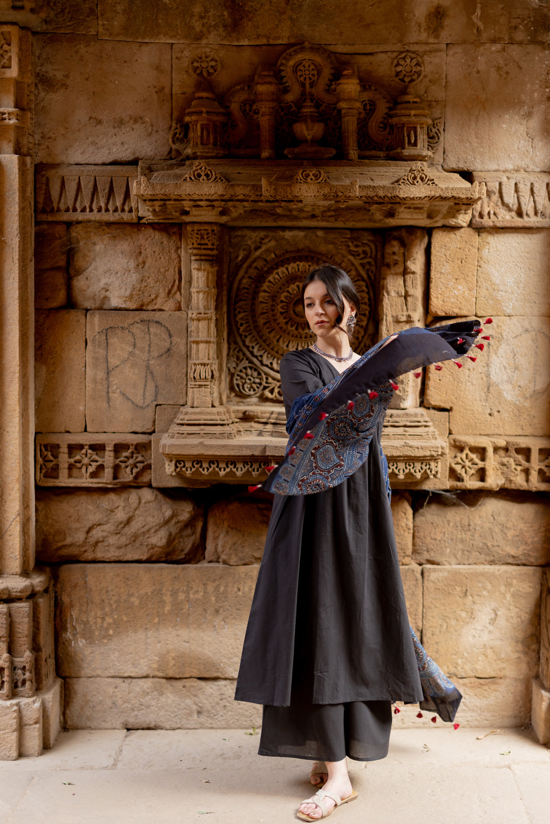 Black Earth Kurta Set with Indigo Ajrakh Dupatta