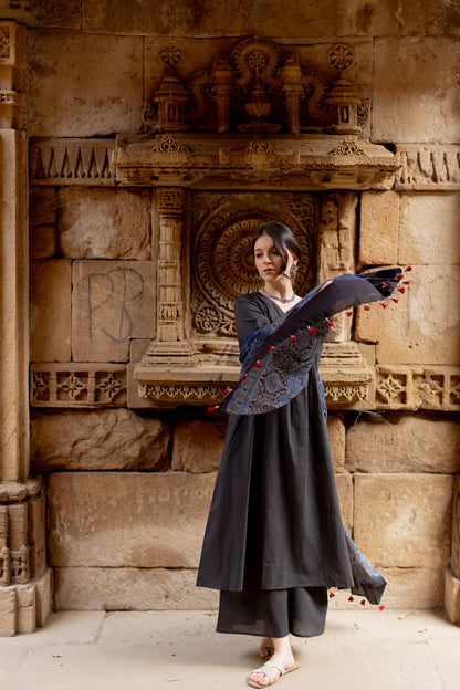 Black Earth Kurta Set with Indigo Ajrakh Dupatta