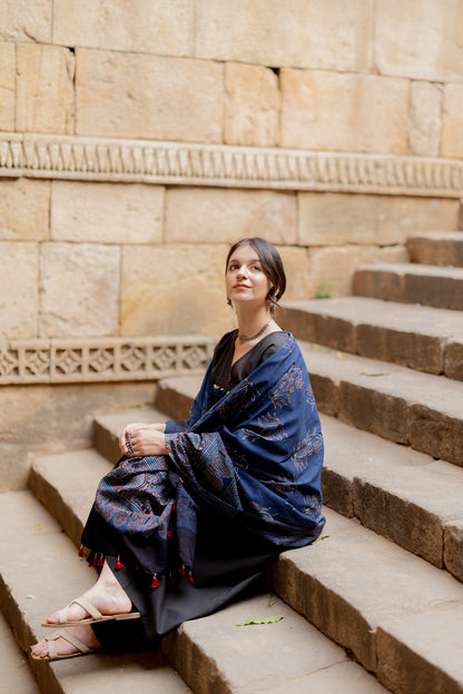 Black Earth Kurta Set with Indigo Ajrakh Dupatta