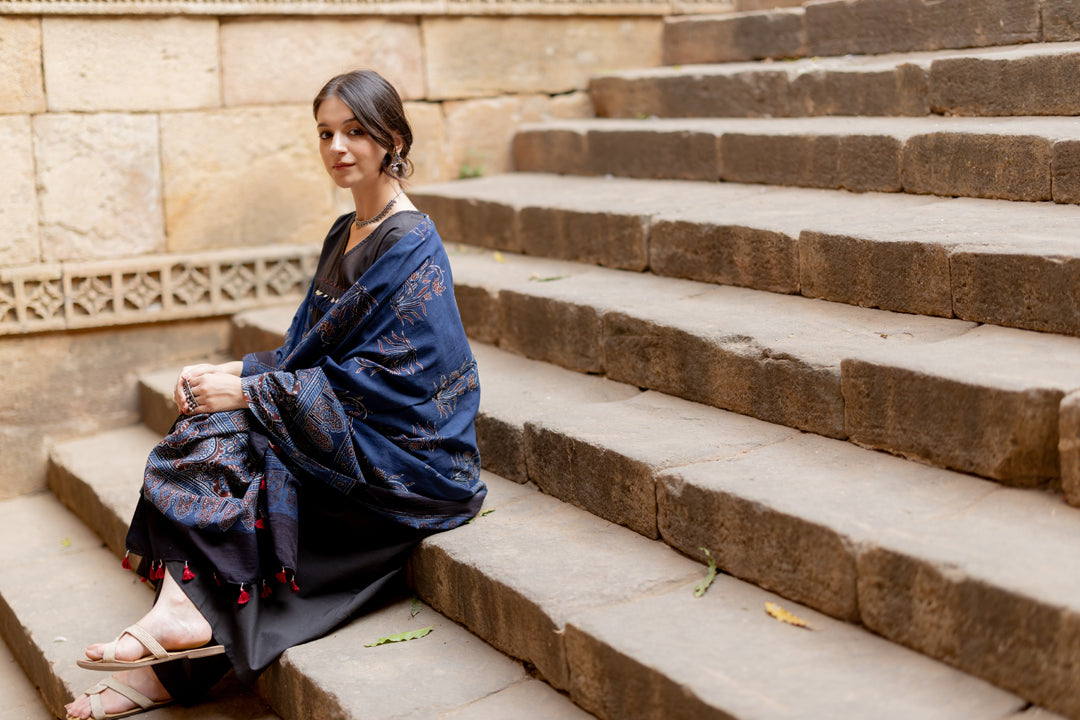 Black Earth Kurta Set with Indigo Ajrakh Dupatta
