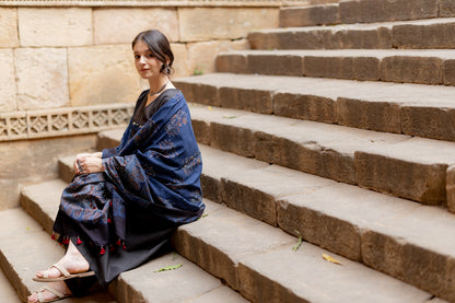 Black Earth Kurta Set with Indigo Ajrakh Dupatta