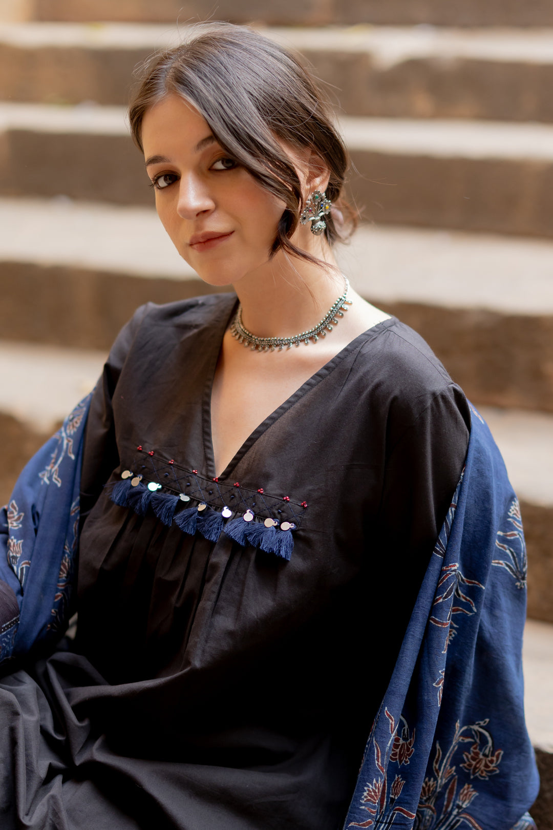Black Earth Kurta Set with Indigo Ajrakh Dupatta