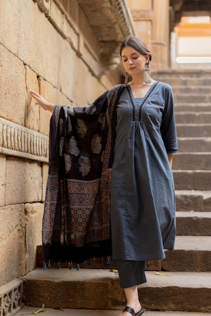 Indigo Sand Kurta Set with Ajrakh Dupatta