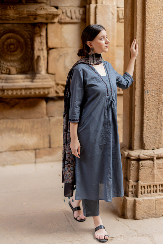Indigo Sand Kurta Set with Ajrakh Dupatta