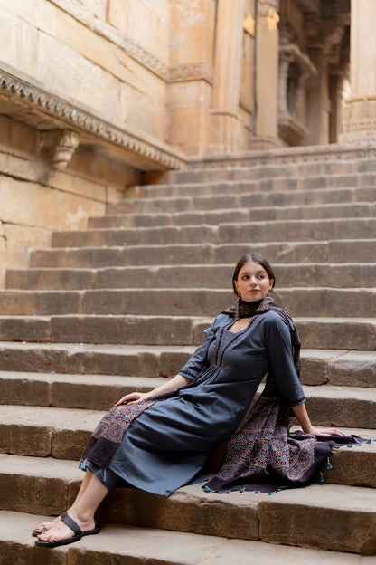 Indigo Sand Kurta Set with Ajrakh Dupatta