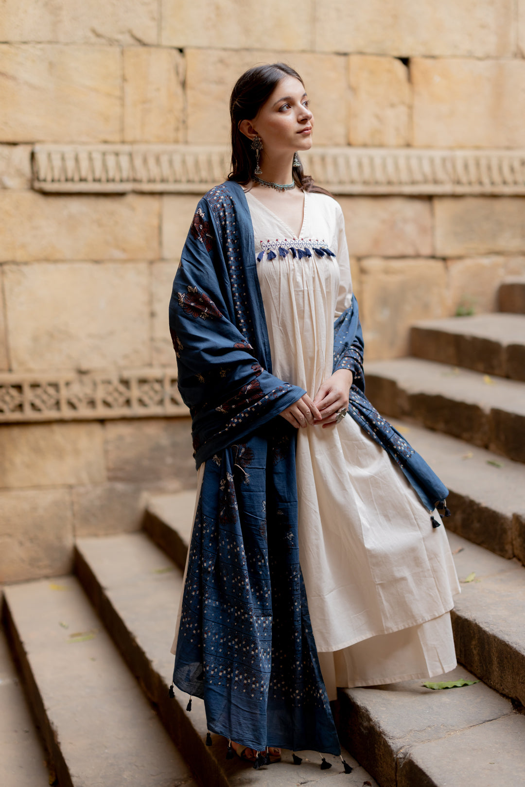 Mandvi Salt Kurta Set with Indigo Ajrakh Dupatta