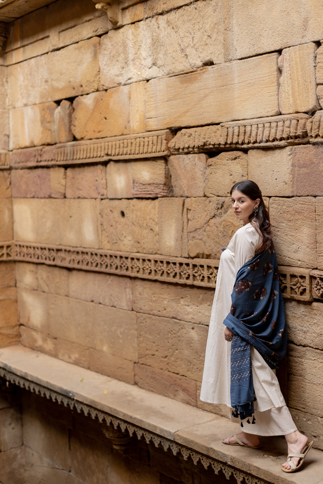 Mandvi Salt Kurta Set with Indigo Ajrakh Dupatta