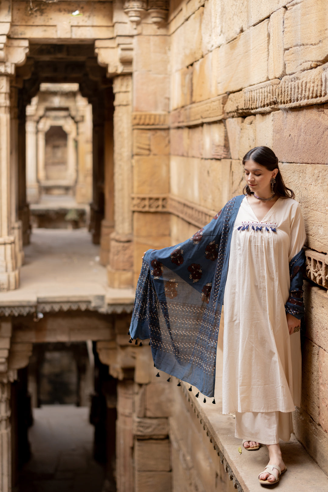Mandvi Salt Kurta Set with Indigo Ajrakh Dupatta