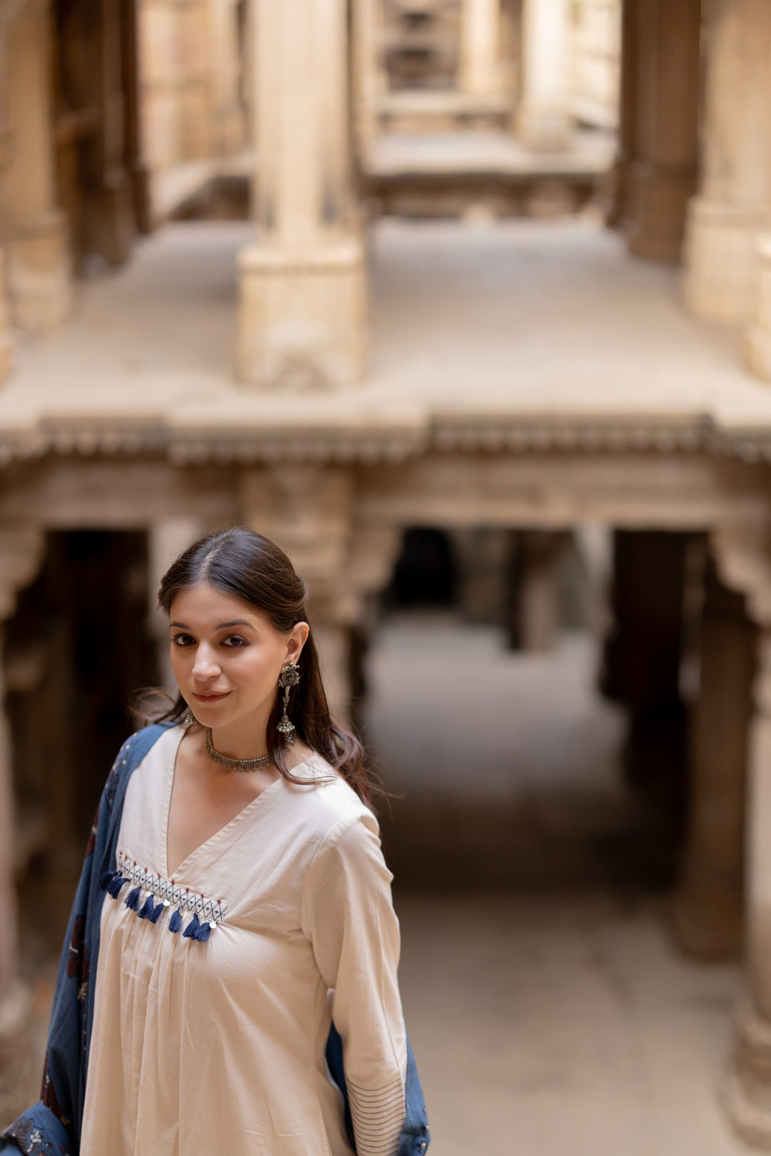 Mandvi Salt Kurta Set with Indigo Ajrakh Dupatta