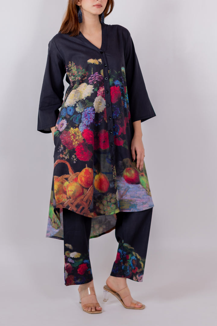 Black Blooms Tunic Set