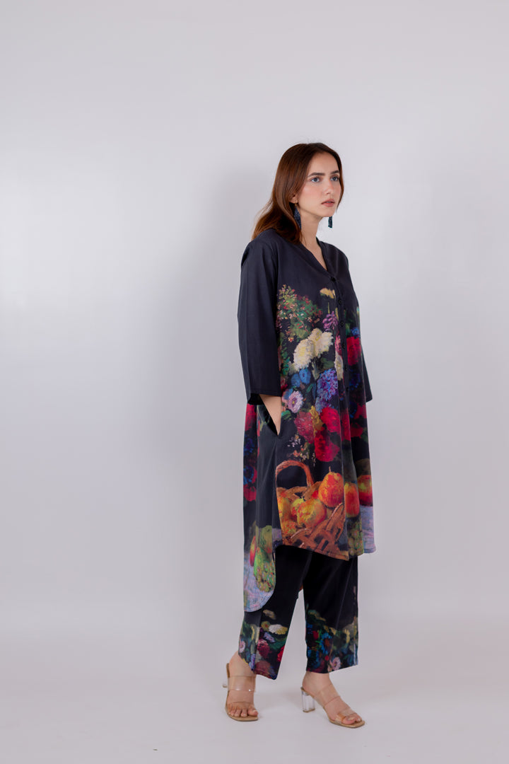 Black Blooms Tunic Set