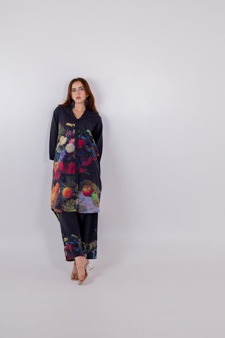 Black Blooms Tunic Set