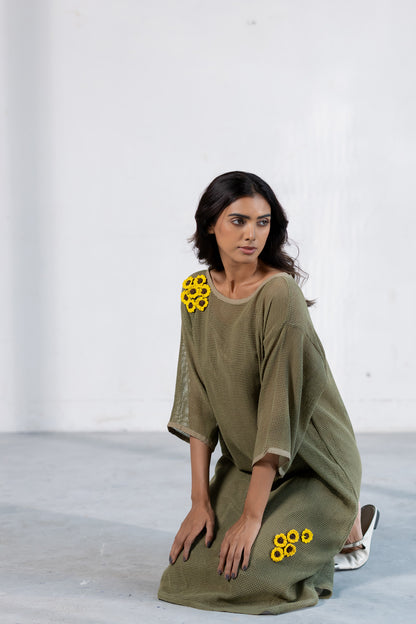 Khaki Marigold Mesh Dress