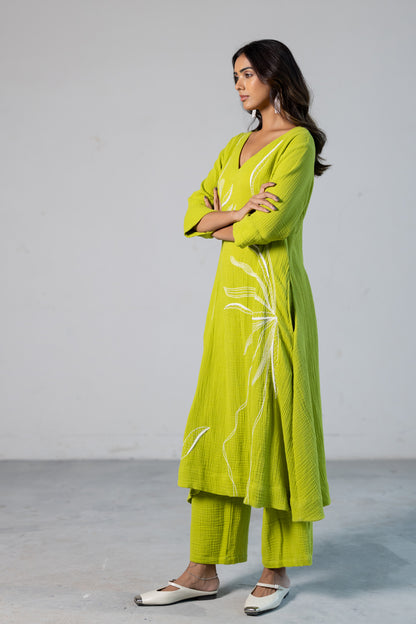 Lime Leaf Embroidered Kurta