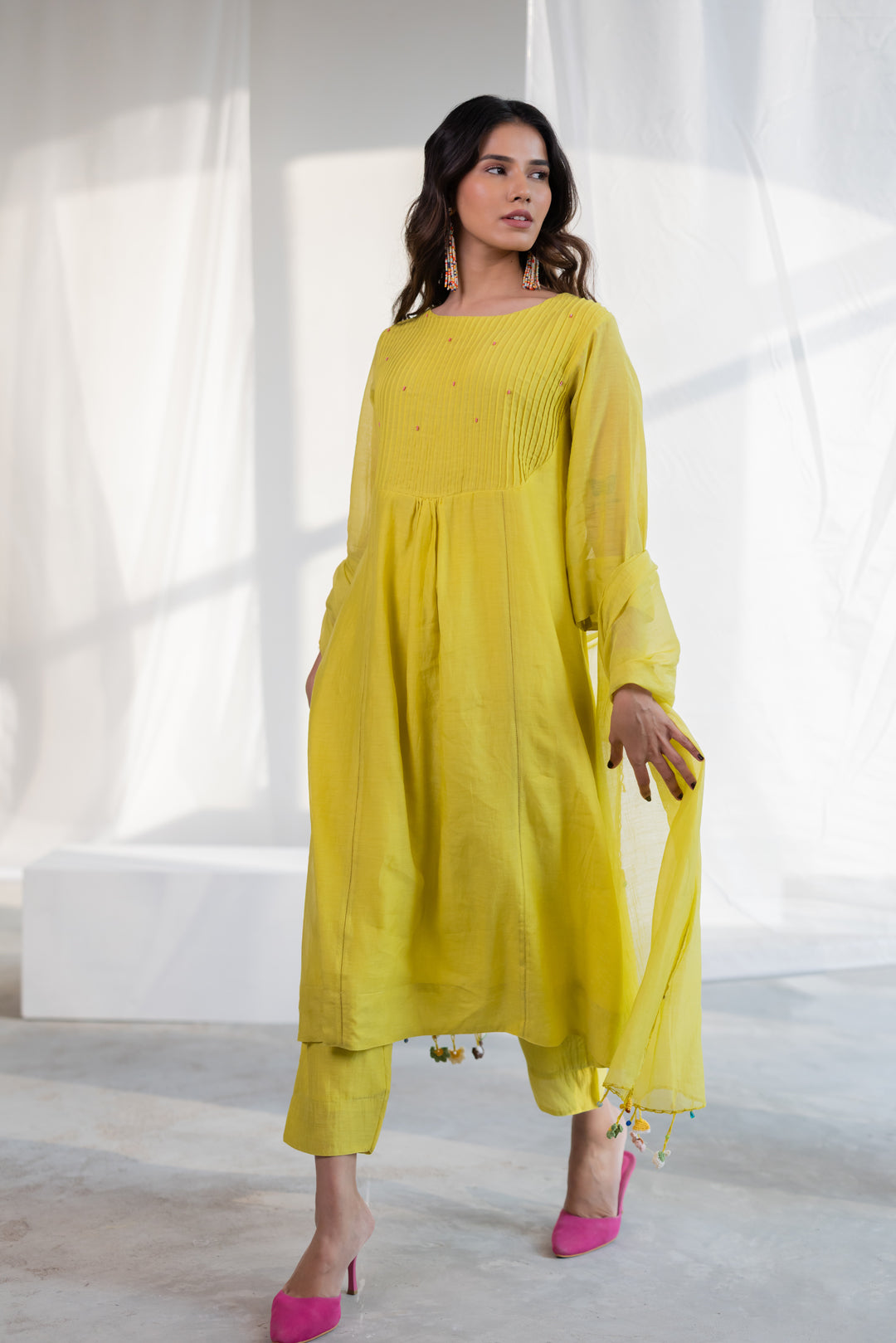Zesty Lime Kurta Set with Stole