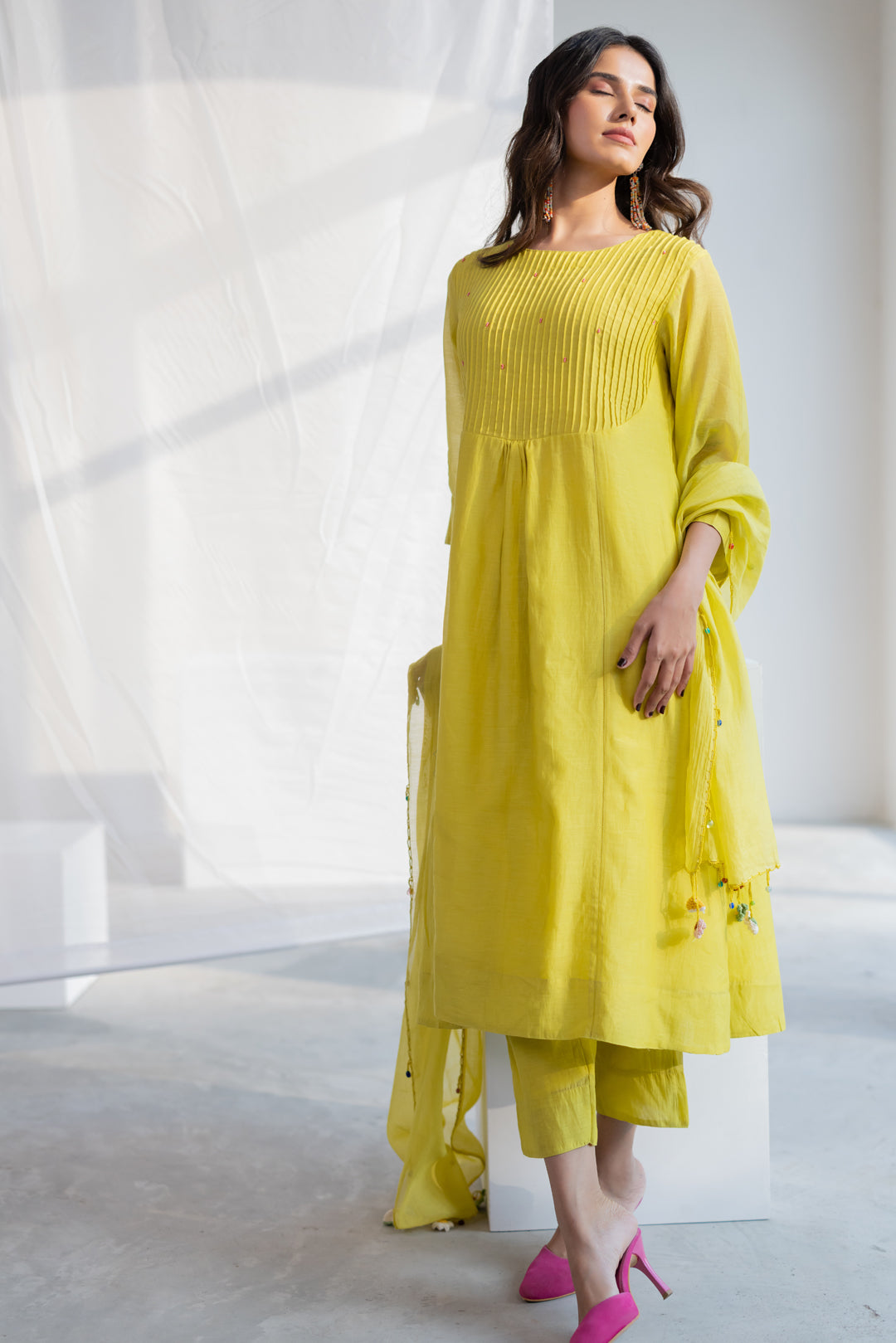 Zesty Lime Kurta Set with Stole