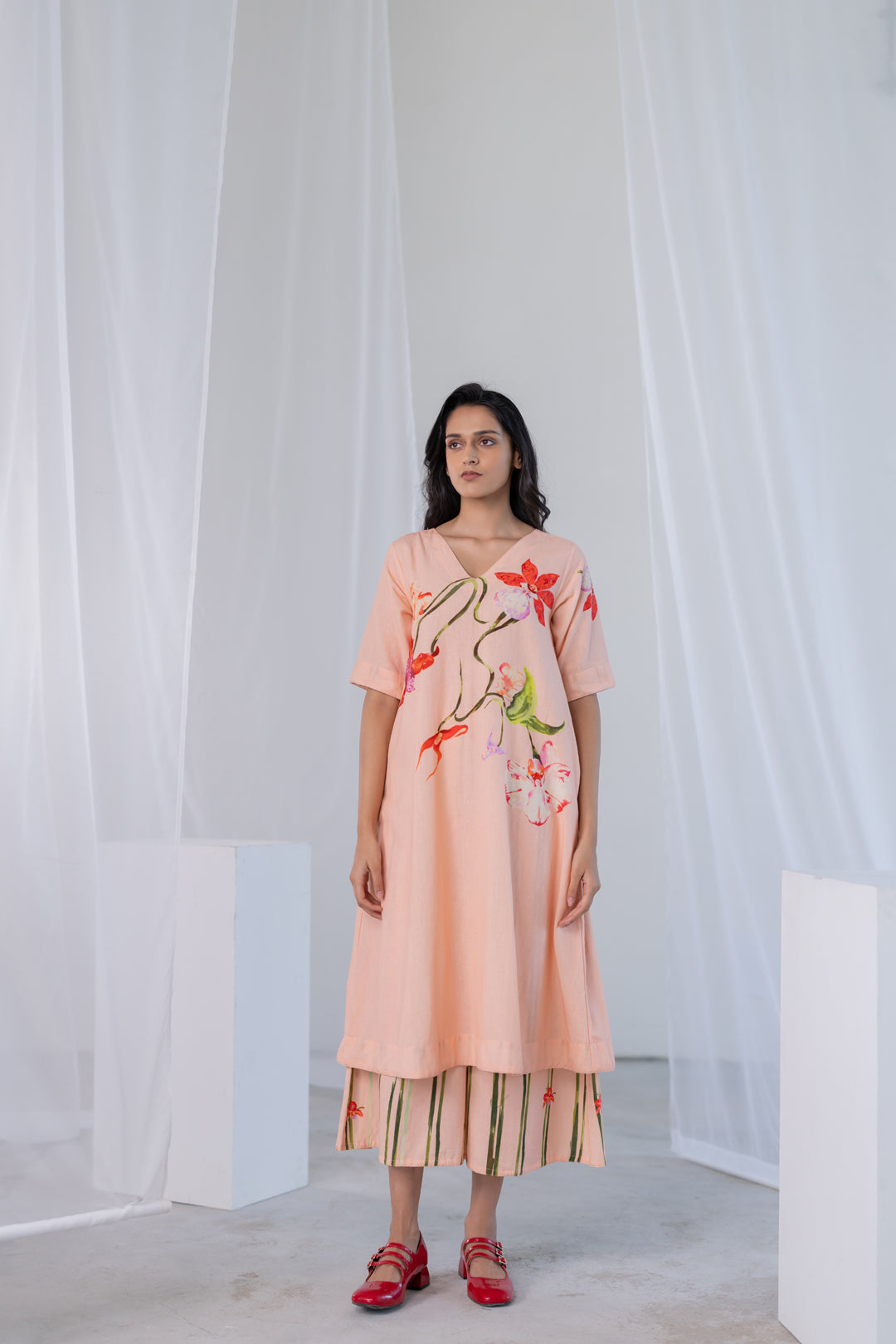 Blush Peach Orchids Kurta Set