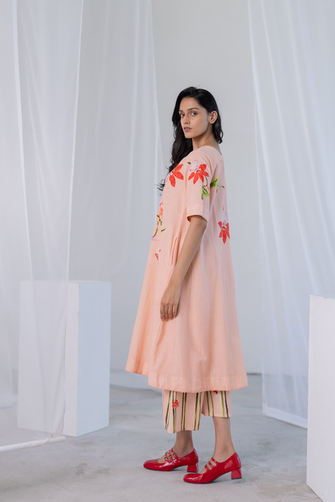 Blush Peach Orchids Kurta Set