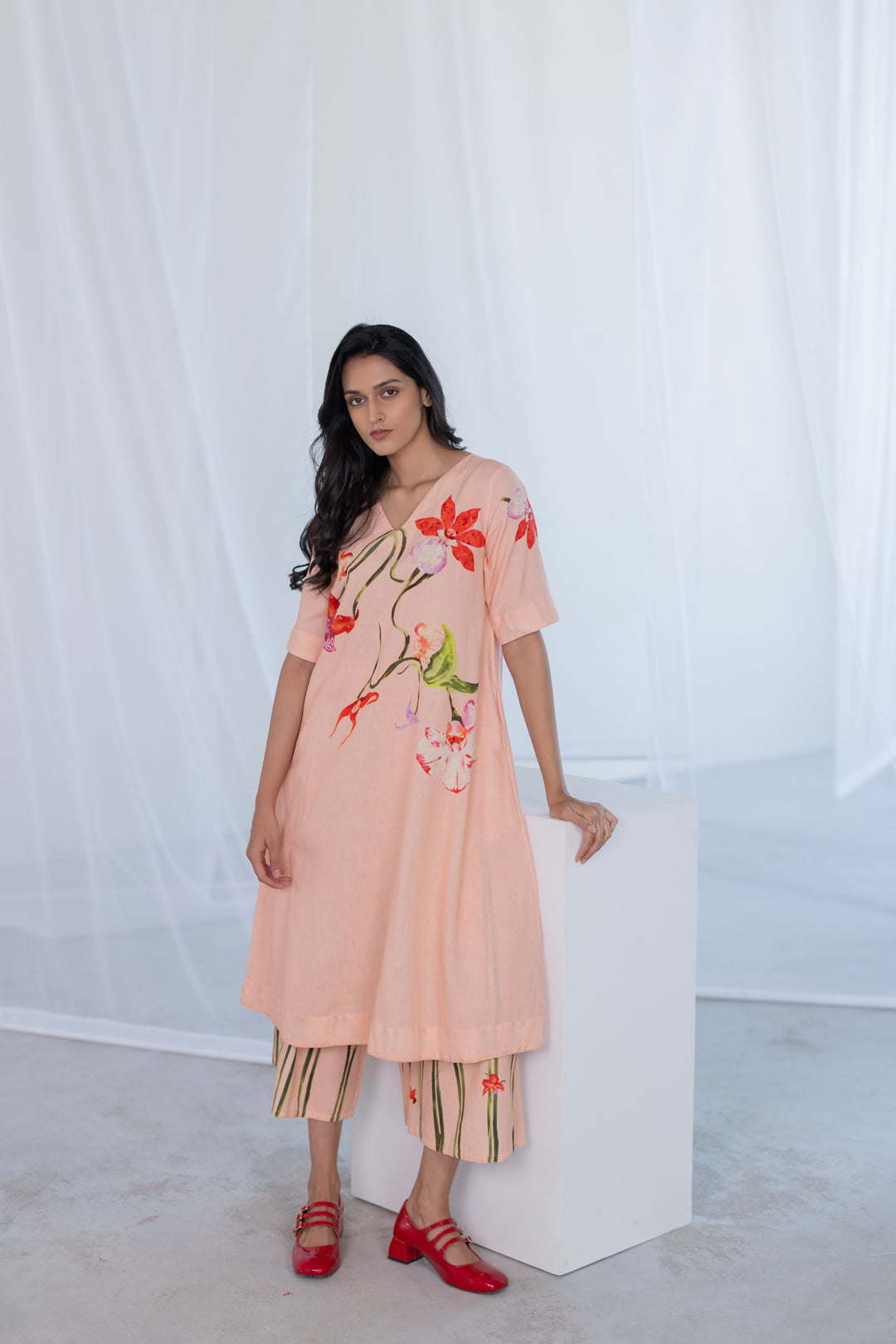 Blush Peach Orchids Kurta Set