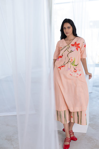 Blush Peach Orchids Kurta Set