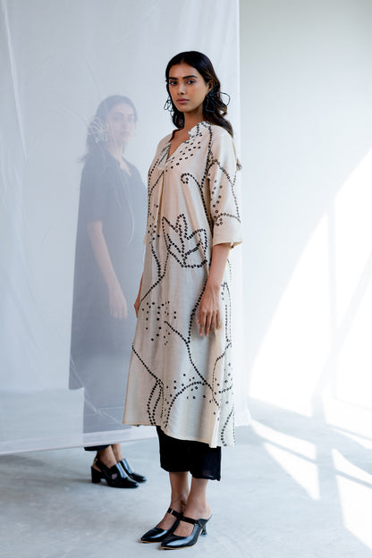 Ecru Bandhani Kurta and Black Pants Set