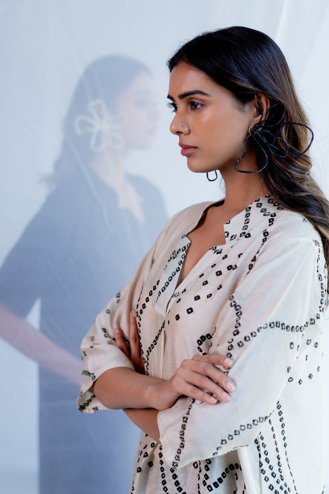 Ecru Bandhani Kurta and Black Pants Set