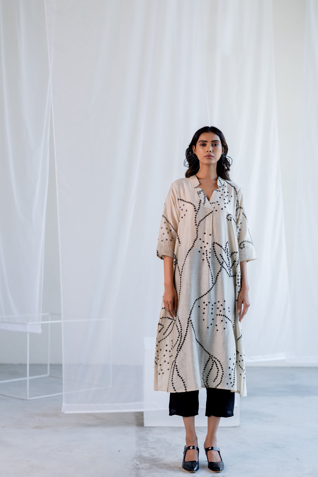 Ecru Bandhani Kurta and Black Pants Set