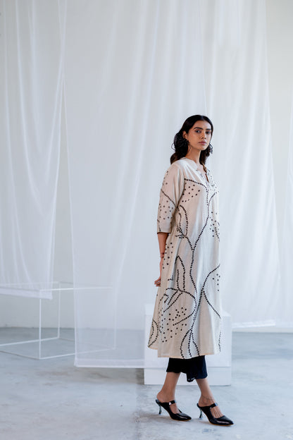 Ecru Bandhani Kurta and Black Pants Set