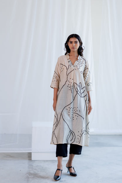 Ecru Bandhani Kurta and Black Pants Set