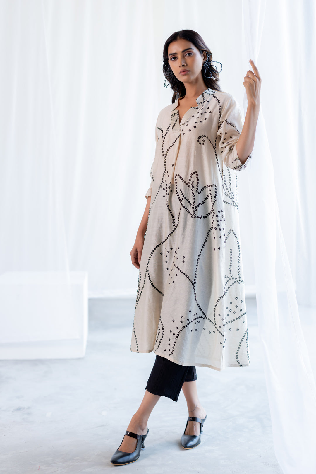 Ecru Bandhani Kurta and Black Pants Set